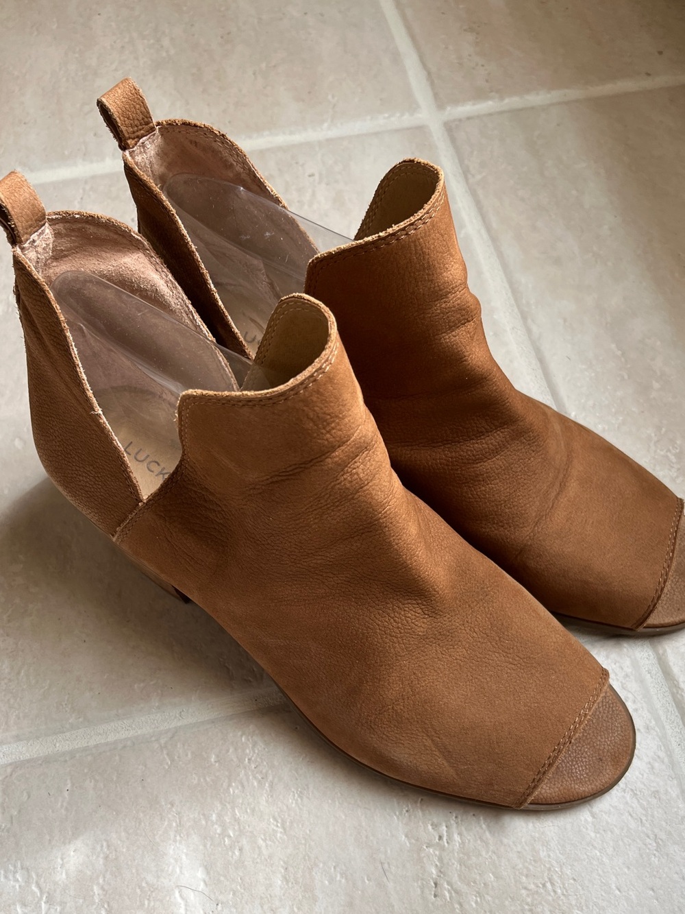 Lucky Brand Tan Leather Peep-Toe Mules, 10